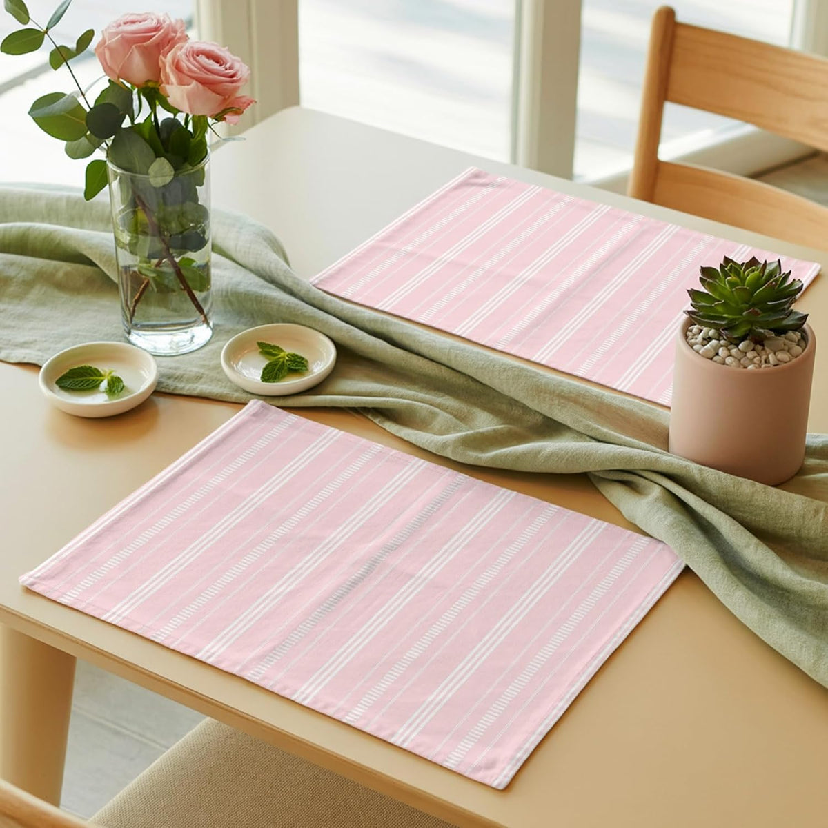 Boho Pink Placemats Set of 6, Cotton Linen Fabric Place Mats, Minimalist Farmhouse Striped Washable Decorative Table Mats Protector for Home Kitchen Dining Wedding Party Coffee Tables
