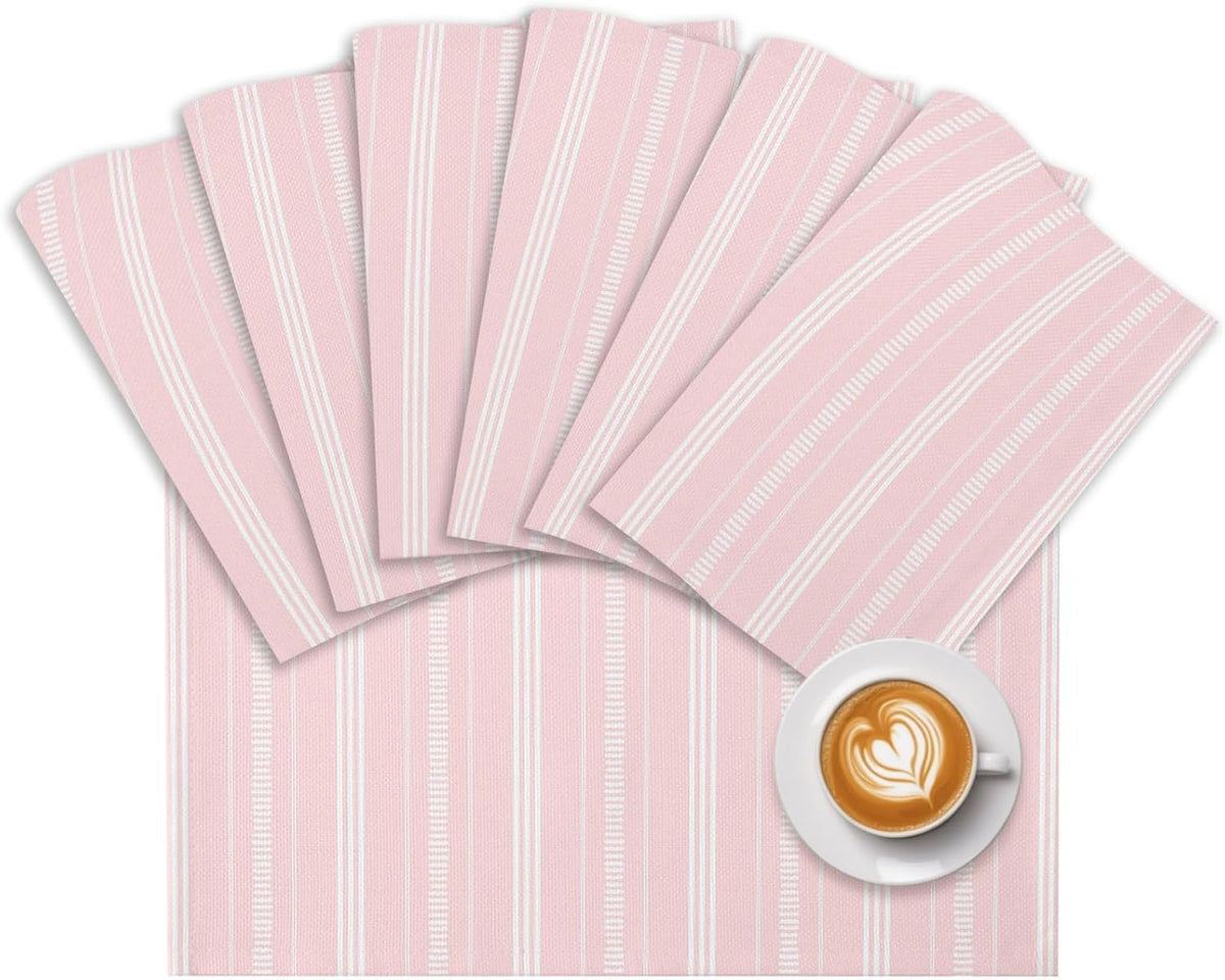 Boho Pink Placemats Set of 6, Cotton Linen Fabric Place Mats, Minimalist Farmhouse Striped Washable Decorative Table Mats Protector for Home Kitchen Dining Wedding Party Coffee Tables