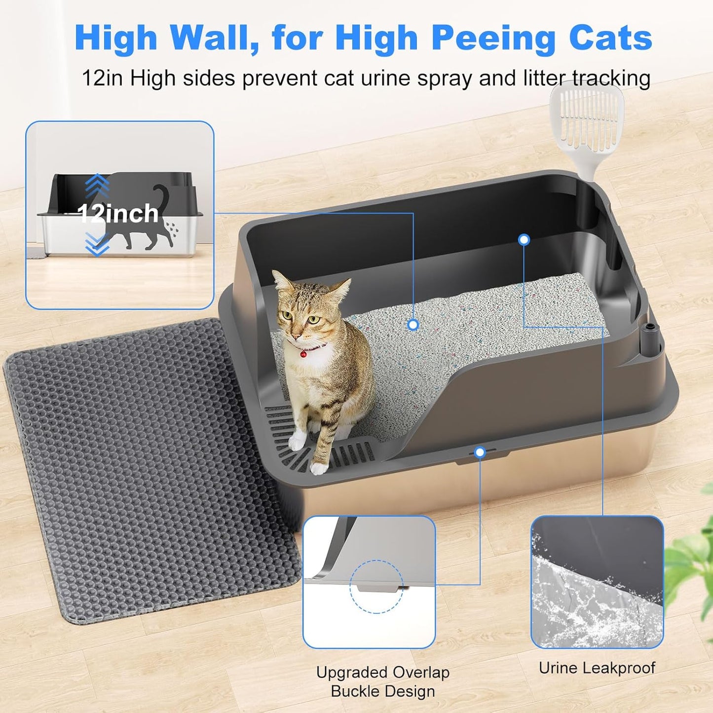 Non-stick Stainless Steel Litter Box, XL Side Opening Splash-Proof & Leak-Proof Seamless Seal, Ellenpent Large Capacity, Cat Litter Box with Lid for Multi-Cats, Large Cats, Easy-Clean & Durable (Gray)
