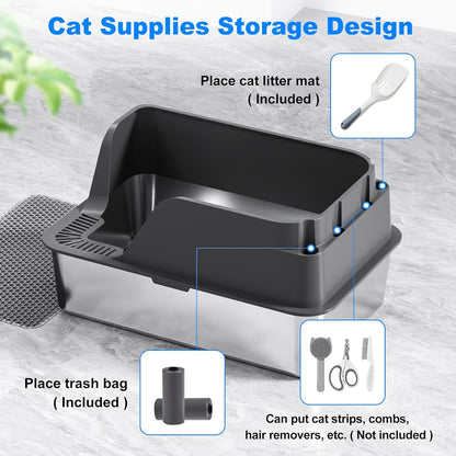 Non-stick Stainless Steel Litter Box, XL Side Opening Splash-Proof & Leak-Proof Seamless Seal, Ellenpent Large Capacity, Cat Litter Box with Lid for Multi-Cats, Large Cats, Easy-Clean & Durable (Gray)