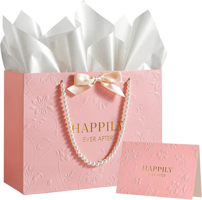 13" Embossed Wedding Gift Bag with Pearl Handles, Large Pink Bridal Shower Gift Bag with Greeting Card Tissue Paper Envelopes (Happily Ever After) for Bride, Women, Friends Engagement Party