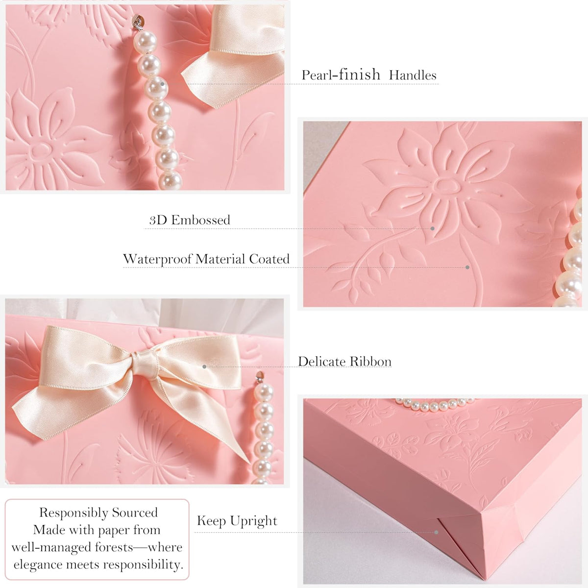 13" Embossed Wedding Gift Bag with Pearl Handles, Large Pink Bridal Shower Gift Bag with Greeting Card Tissue Paper Envelopes (Happily Ever After) for Bride, Women, Friends Engagement Party