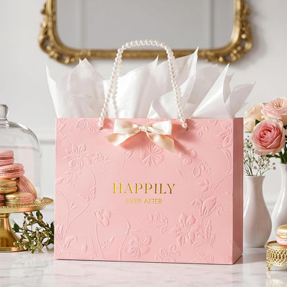 13" Embossed Wedding Gift Bag with Pearl Handles, Large Pink Bridal Shower Gift Bag with Greeting Card Tissue Paper Envelopes (Happily Ever After) for Bride, Women, Friends Engagement Party