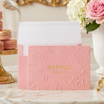13" Embossed Wedding Gift Bag with Pearl Handles, Large Pink Bridal Shower Gift Bag with Greeting Card Tissue Paper Envelopes (Happily Ever After) for Bride, Women, Friends Engagement Party