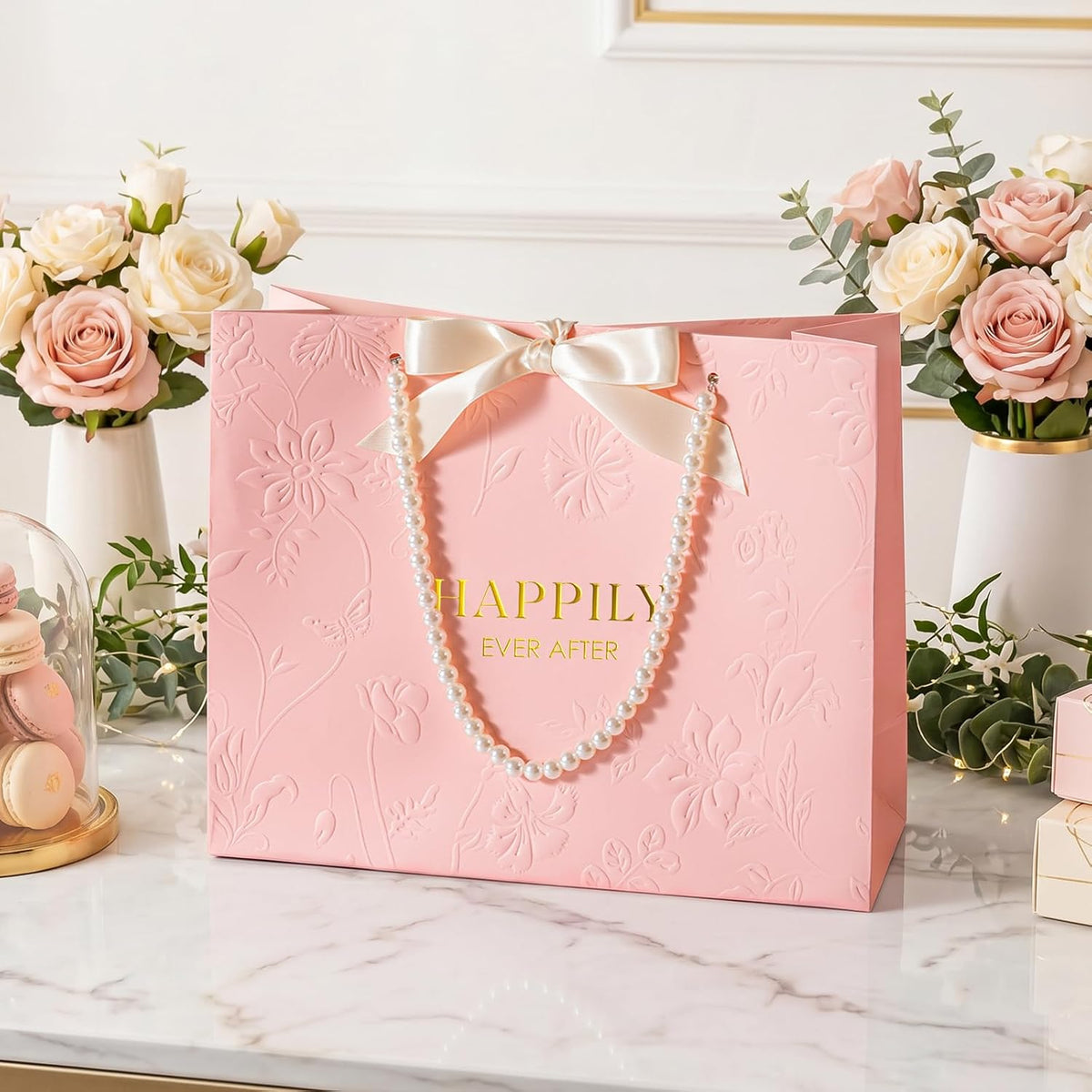 13" Embossed Wedding Gift Bag with Pearl Handles, Large Pink Bridal Shower Gift Bag with Greeting Card Tissue Paper Envelopes (Happily Ever After) for Bride, Women, Friends Engagement Party