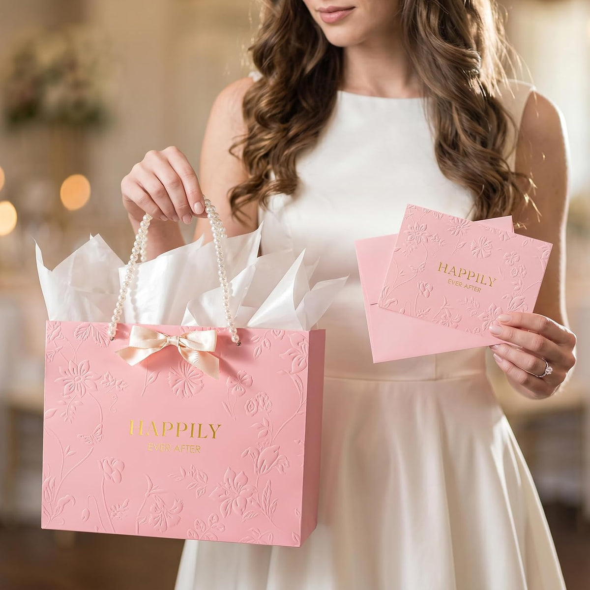 13" Embossed Wedding Gift Bag with Pearl Handles, Large Pink Bridal Shower Gift Bag with Greeting Card Tissue Paper Envelopes (Happily Ever After) for Bride, Women, Friends Engagement Party