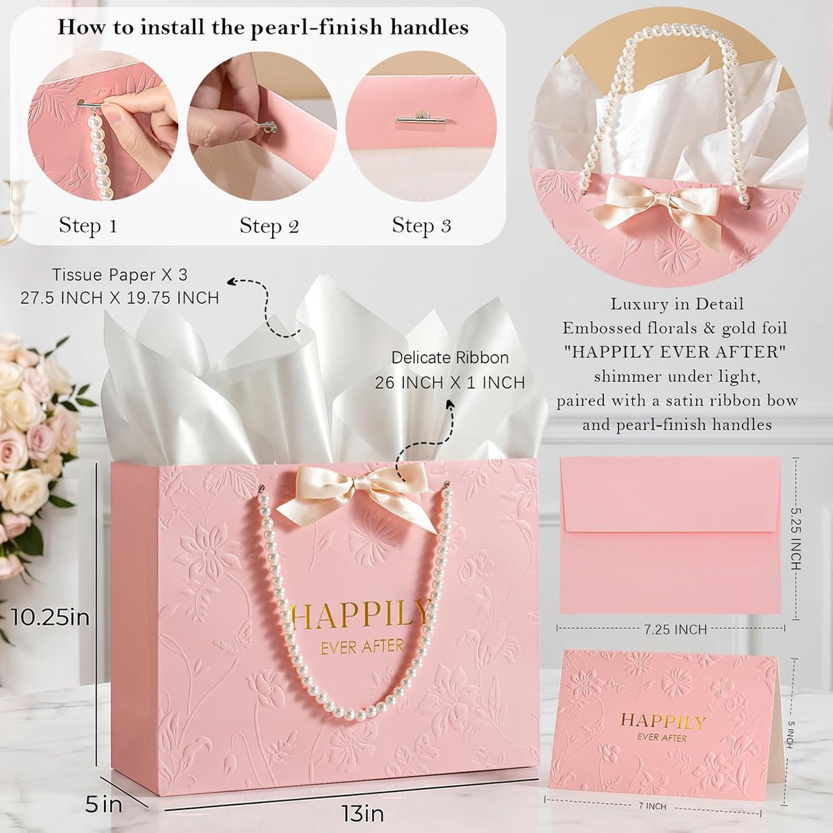 13" Embossed Wedding Gift Bag with Pearl Handles, Large Pink Bridal Shower Gift Bag with Greeting Card Tissue Paper Envelopes (Happily Ever After) for Bride, Women, Friends Engagement Party
