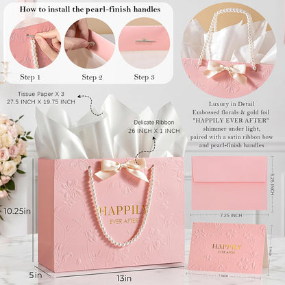 13" Embossed Wedding Gift Bag with Pearl Handles, Large Pink Bridal Shower Gift Bag with Greeting Card Tissue Paper Envelopes (Happily Ever After) for Bride, Women, Friends Engagement Party