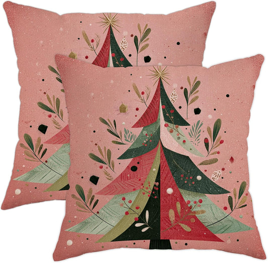 Christmas Tree Throw Pillow Covers, Festive Modern Leaves Stars Xmas Peach Soft Velvet Washable Cover Decorative Pillows for Living Room Bedroom Loft Office Car Decor 16x16 Inch