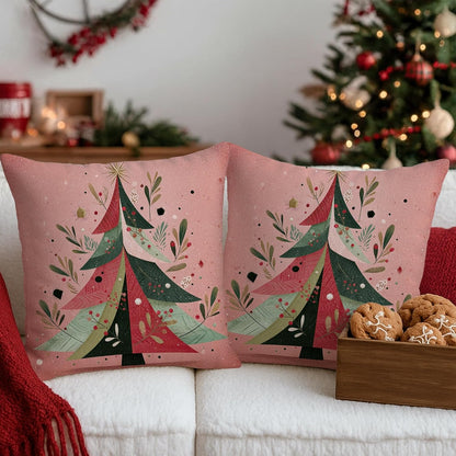 Christmas Tree Throw Pillow Covers, Festive Modern Leaves Stars Xmas Peach Soft Velvet Washable Cover Decorative Pillows for Living Room Bedroom Loft Office Car Decor 16x16 Inch