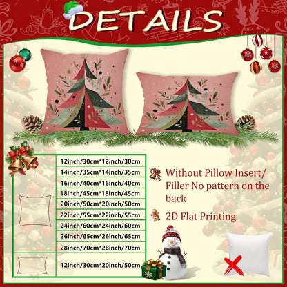 Christmas Tree Throw Pillow Covers, Festive Modern Leaves Stars Xmas Peach Soft Velvet Washable Cover Decorative Pillows for Living Room Bedroom Loft Office Car Decor 16x16 Inch
