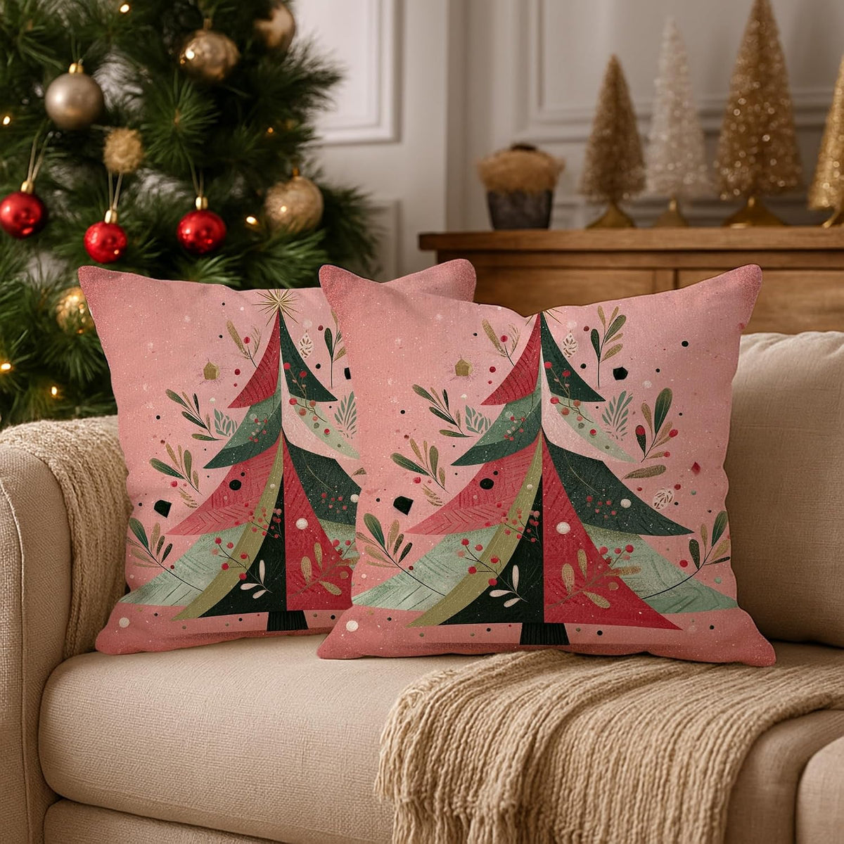 Christmas Tree Throw Pillow Covers, Festive Modern Leaves Stars Xmas Peach Soft Velvet Washable Cover Decorative Pillows for Living Room Bedroom Loft Office Car Decor 16x16 Inch