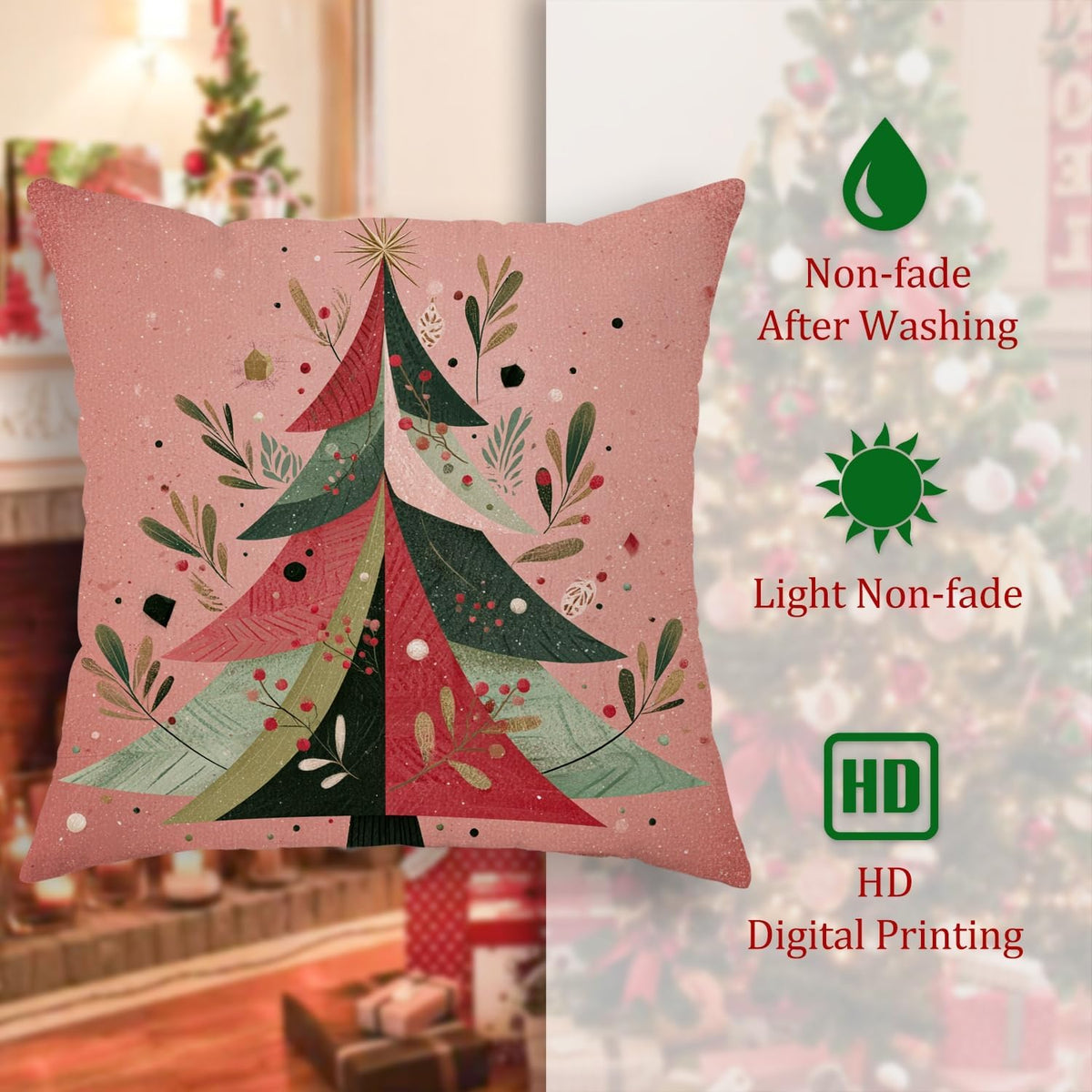 Christmas Tree Throw Pillow Covers, Festive Modern Leaves Stars Xmas Peach Soft Velvet Washable Cover Decorative Pillows for Living Room Bedroom Loft Office Car Decor 16x16 Inch