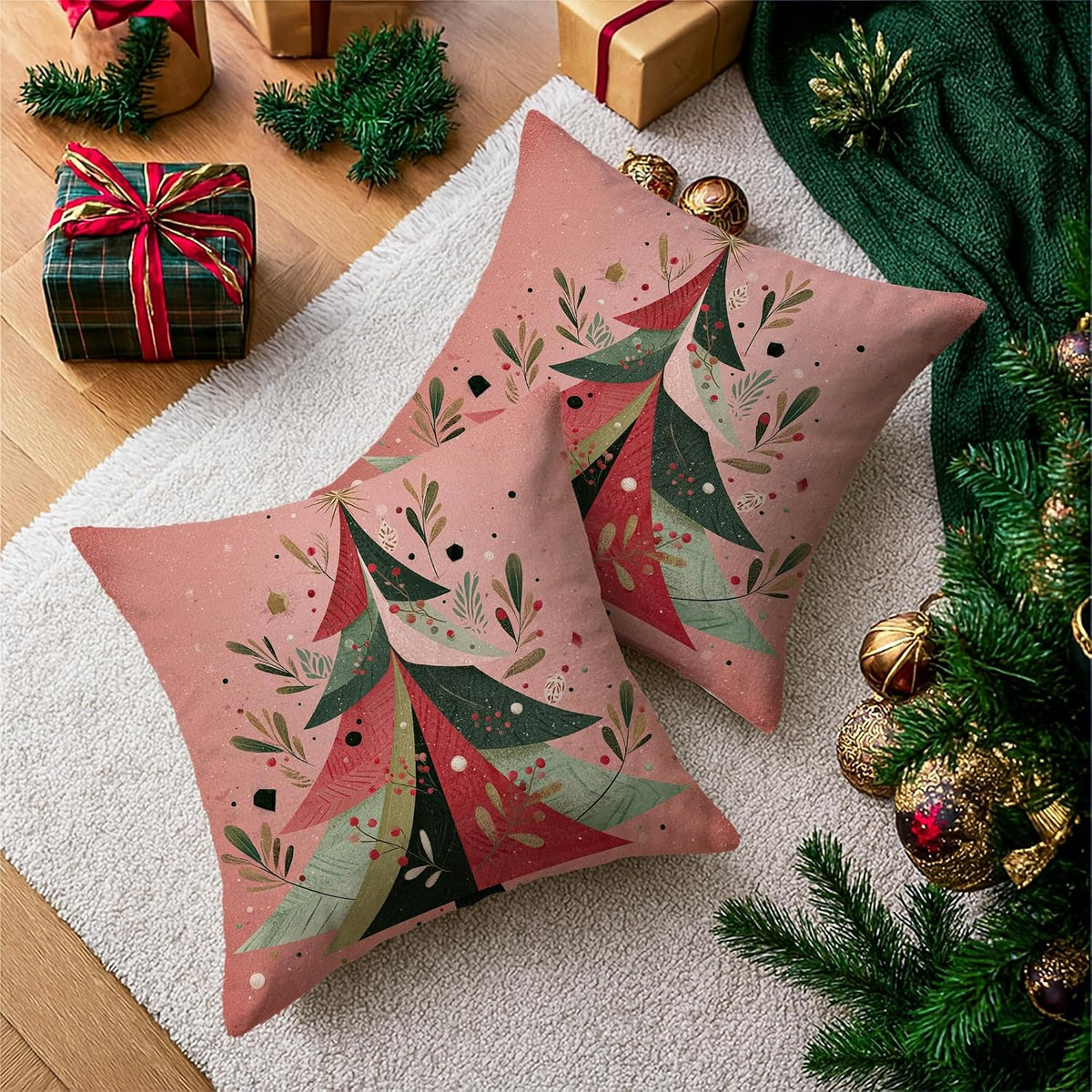 Christmas Tree Throw Pillow Covers, Festive Modern Leaves Stars Xmas Peach Soft Velvet Washable Cover Decorative Pillows for Living Room Bedroom Loft Office Car Decor 16x16 Inch