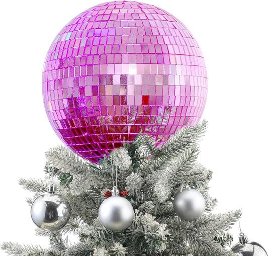 8'' Pink Disco Ball Christmas Tree Topper Disco Mirror Ball Xmas Tree Topper 3D Hollow Pink Disco Ball Decor Disco Ball Ornament for 70s Disco Holiday Wedding Birthday Party Decorations