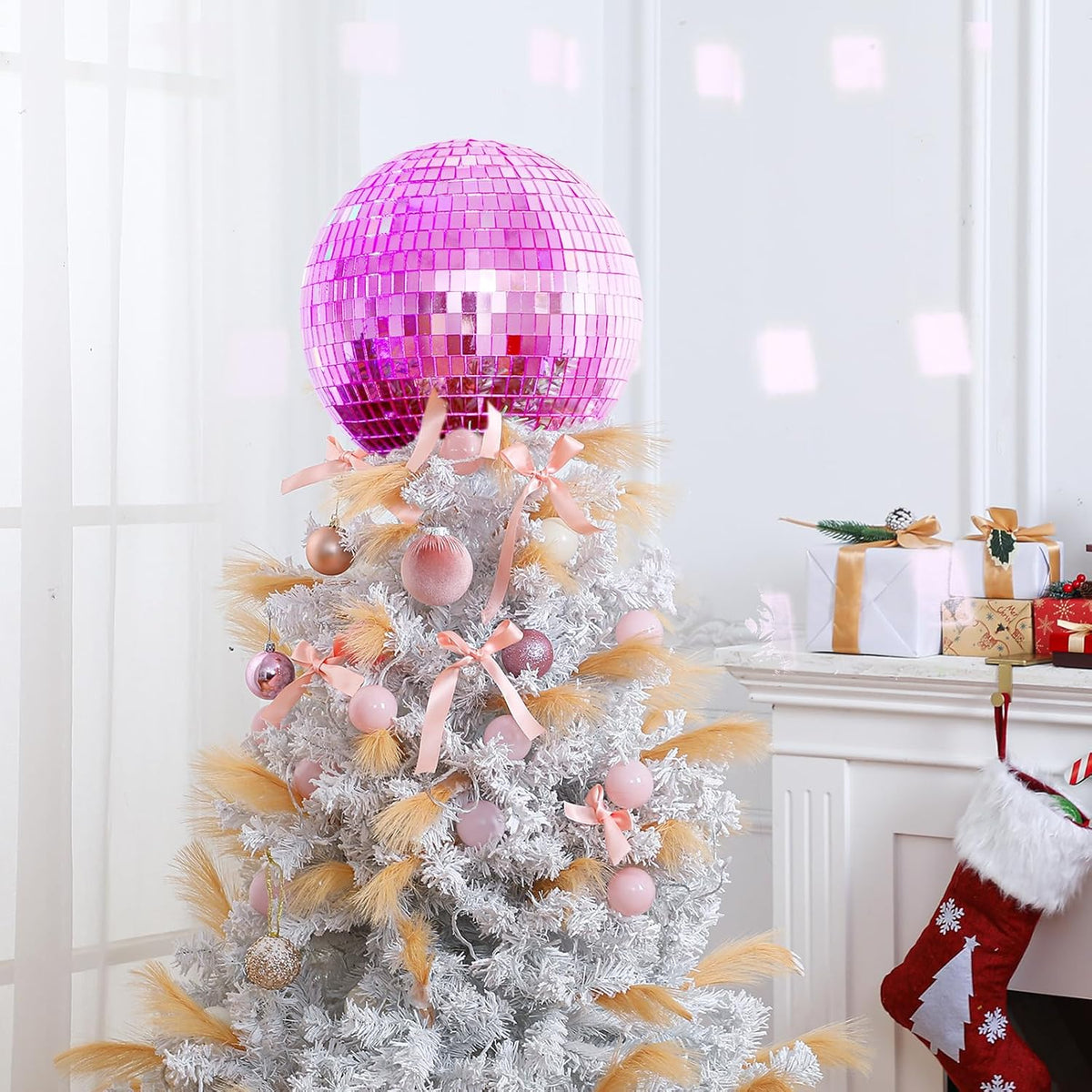 8'' Pink Disco Ball Christmas Tree Topper Disco Mirror Ball Xmas Tree Topper 3D Hollow Pink Disco Ball Decor Disco Ball Ornament for 70s Disco Holiday Wedding Birthday Party Decorations