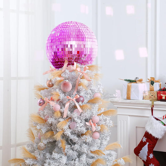 8'' Pink Disco Ball Christmas Tree Topper Disco Mirror Ball Xmas Tree Topper 3D Hollow Pink Disco Ball Decor Disco Ball Ornament for 70s Disco Holiday Wedding Birthday Party Decorations