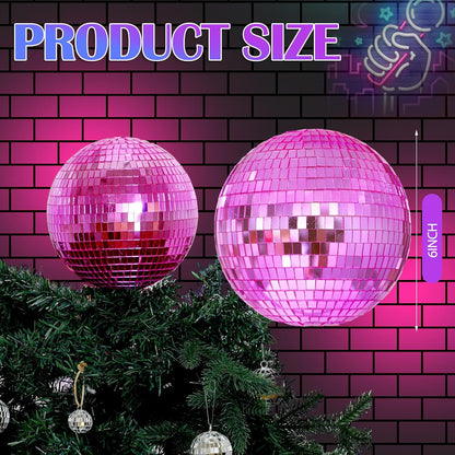 8'' Pink Disco Ball Christmas Tree Topper Disco Mirror Ball Xmas Tree Topper 3D Hollow Pink Disco Ball Decor Disco Ball Ornament for 70s Disco Holiday Wedding Birthday Party Decorations
