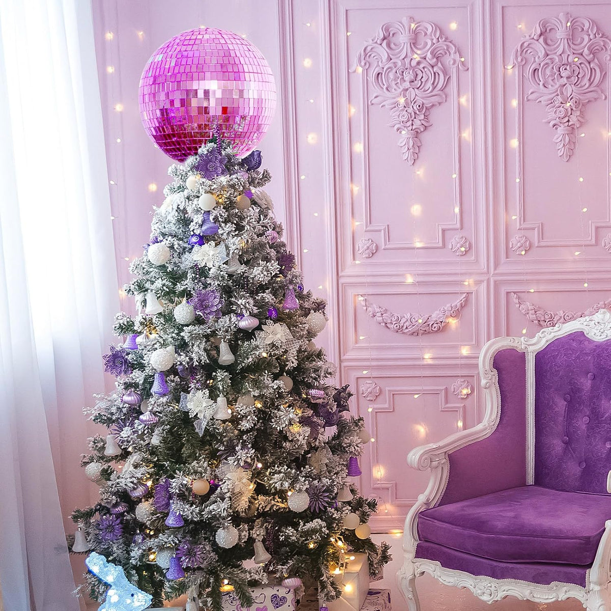 8'' Pink Disco Ball Christmas Tree Topper Disco Mirror Ball Xmas Tree Topper 3D Hollow Pink Disco Ball Decor Disco Ball Ornament for 70s Disco Holiday Wedding Birthday Party Decorations
