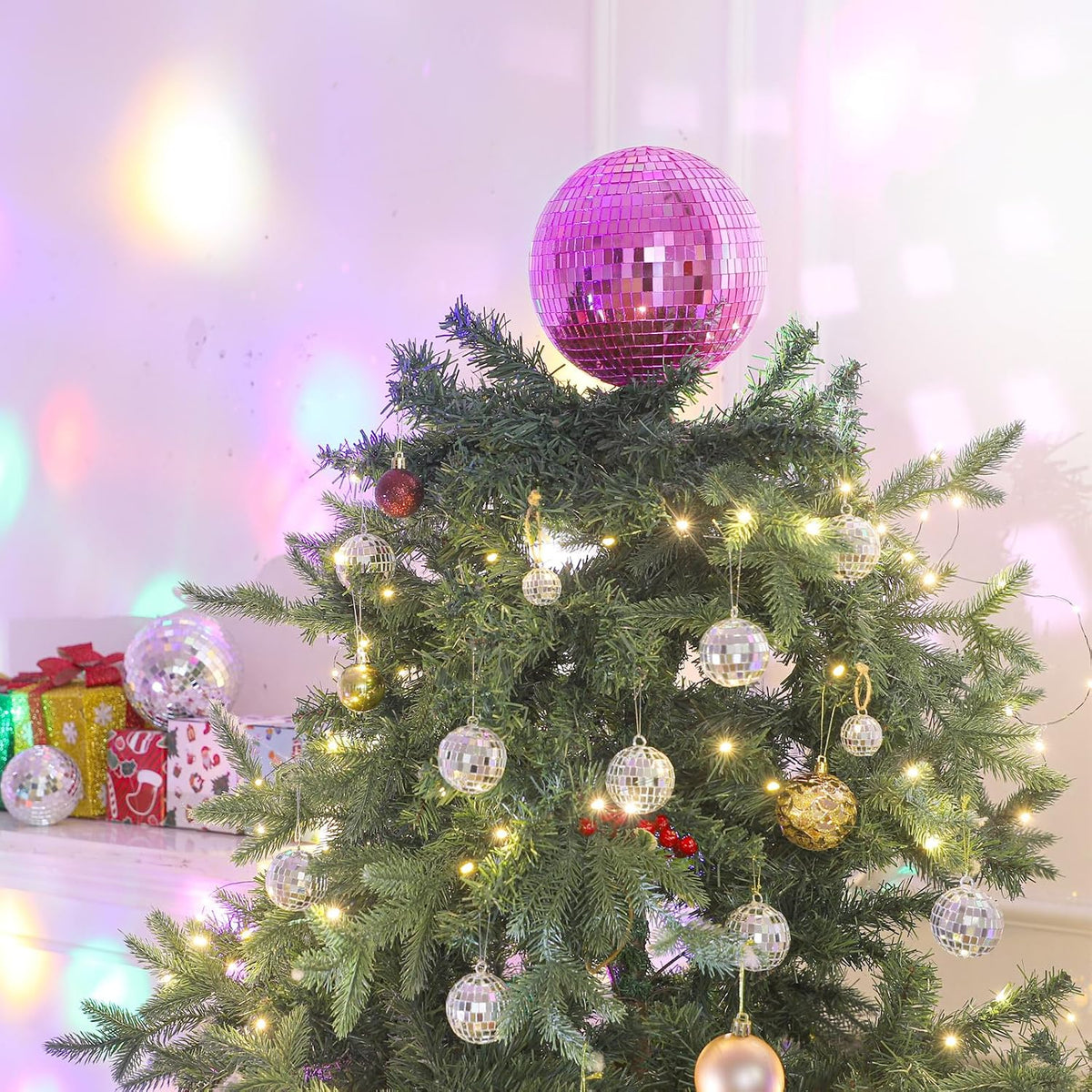 8'' Pink Disco Ball Christmas Tree Topper Disco Mirror Ball Xmas Tree Topper 3D Hollow Pink Disco Ball Decor Disco Ball Ornament for 70s Disco Holiday Wedding Birthday Party Decorations