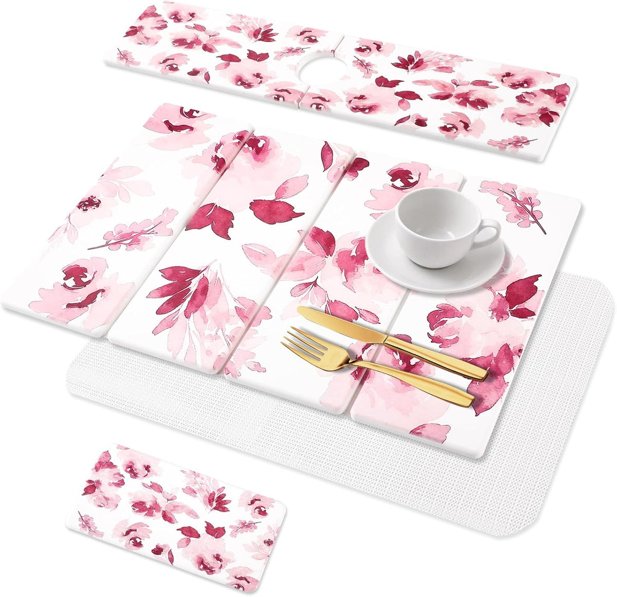 3 PCS Stone Dish Drying Mat for Kitchen Counter, Quick Dry Foldable Stone Dishes Mats, Water Absorbing Diatomaceous Earth Drying Organizer for Dishes Bottles, Cups and Tableware (Pink)