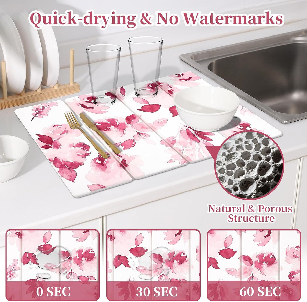 3 PCS Stone Dish Drying Mat for Kitchen Counter, Quick Dry Foldable Stone Dishes Mats, Water Absorbing Diatomaceous Earth Drying Organizer for Dishes Bottles, Cups and Tableware (Pink)
