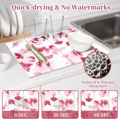 3 PCS Stone Dish Drying Mat for Kitchen Counter, Quick Dry Foldable Stone Dishes Mats, Water Absorbing Diatomaceous Earth Drying Organizer for Dishes Bottles, Cups and Tableware (Pink)