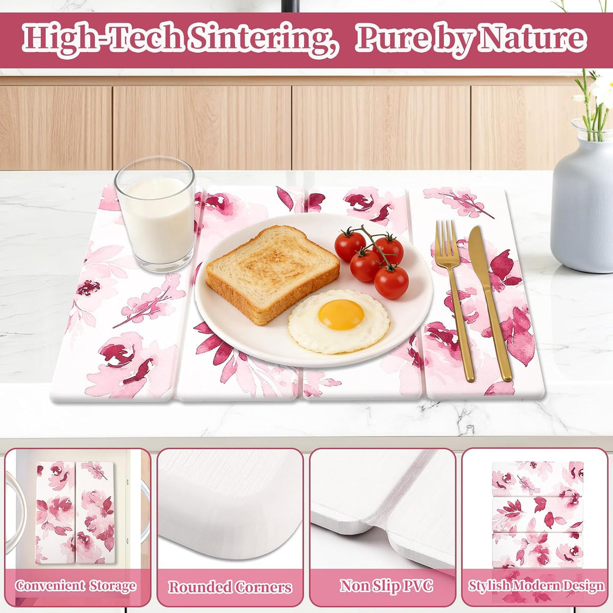 3 PCS Stone Dish Drying Mat for Kitchen Counter, Quick Dry Foldable Stone Dishes Mats, Water Absorbing Diatomaceous Earth Drying Organizer for Dishes Bottles, Cups and Tableware (Pink)
