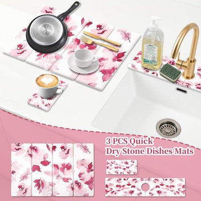 3 PCS Stone Dish Drying Mat for Kitchen Counter, Quick Dry Foldable Stone Dishes Mats, Water Absorbing Diatomaceous Earth Drying Organizer for Dishes Bottles, Cups and Tableware (Pink)