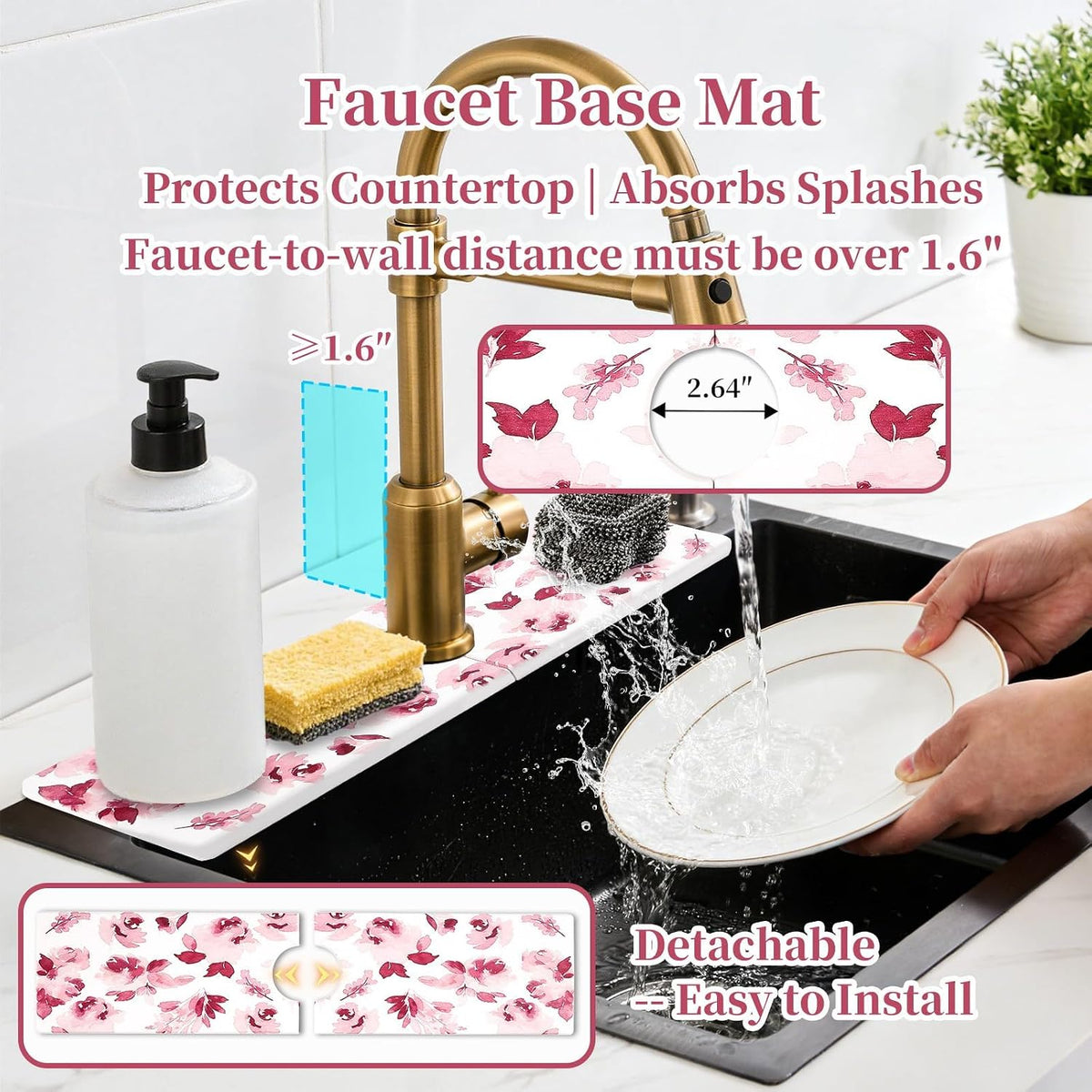 3 PCS Stone Dish Drying Mat for Kitchen Counter, Quick Dry Foldable Stone Dishes Mats, Water Absorbing Diatomaceous Earth Drying Organizer for Dishes Bottles, Cups and Tableware (Pink)