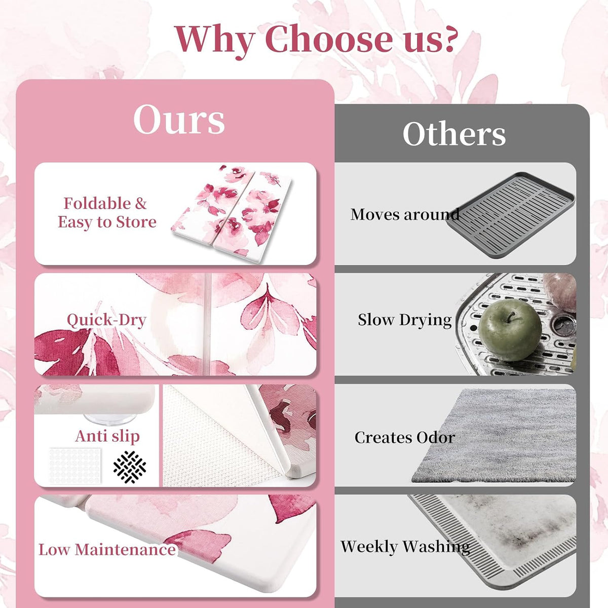 3 PCS Stone Dish Drying Mat for Kitchen Counter, Quick Dry Foldable Stone Dishes Mats, Water Absorbing Diatomaceous Earth Drying Organizer for Dishes Bottles, Cups and Tableware (Pink)