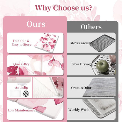 3 PCS Stone Dish Drying Mat for Kitchen Counter, Quick Dry Foldable Stone Dishes Mats, Water Absorbing Diatomaceous Earth Drying Organizer for Dishes Bottles, Cups and Tableware (Pink)