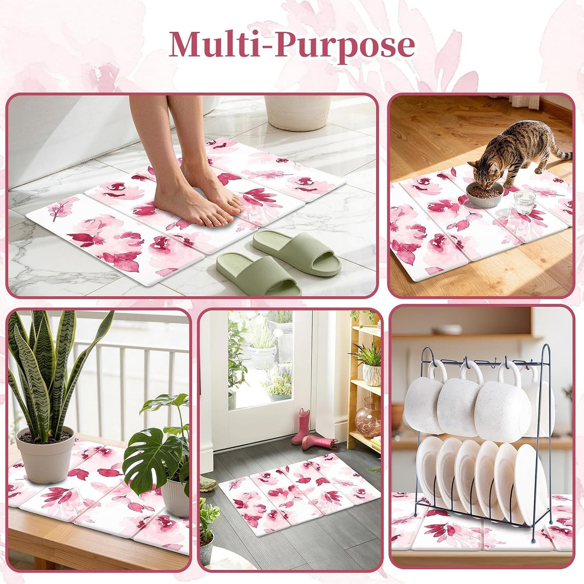 3 PCS Stone Dish Drying Mat for Kitchen Counter, Quick Dry Foldable Stone Dishes Mats, Water Absorbing Diatomaceous Earth Drying Organizer for Dishes Bottles, Cups and Tableware (Pink)