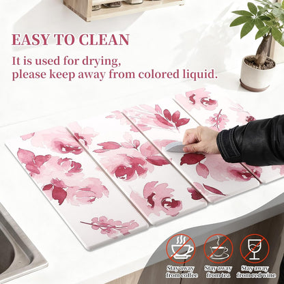 3 PCS Stone Dish Drying Mat for Kitchen Counter, Quick Dry Foldable Stone Dishes Mats, Water Absorbing Diatomaceous Earth Drying Organizer for Dishes Bottles, Cups and Tableware (Pink)