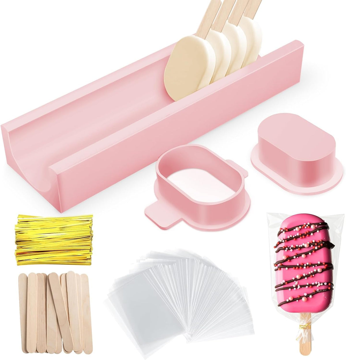 3 Inch Cakesicle Cutter and Cake Pop Mold Set with 8.7in Tray, 100 Wooden Sticks & 100 Bags, Silicone Cakesicle Mold for Homemade Cake Pops, Baking, Birthdays and Party Desserts (Pink)