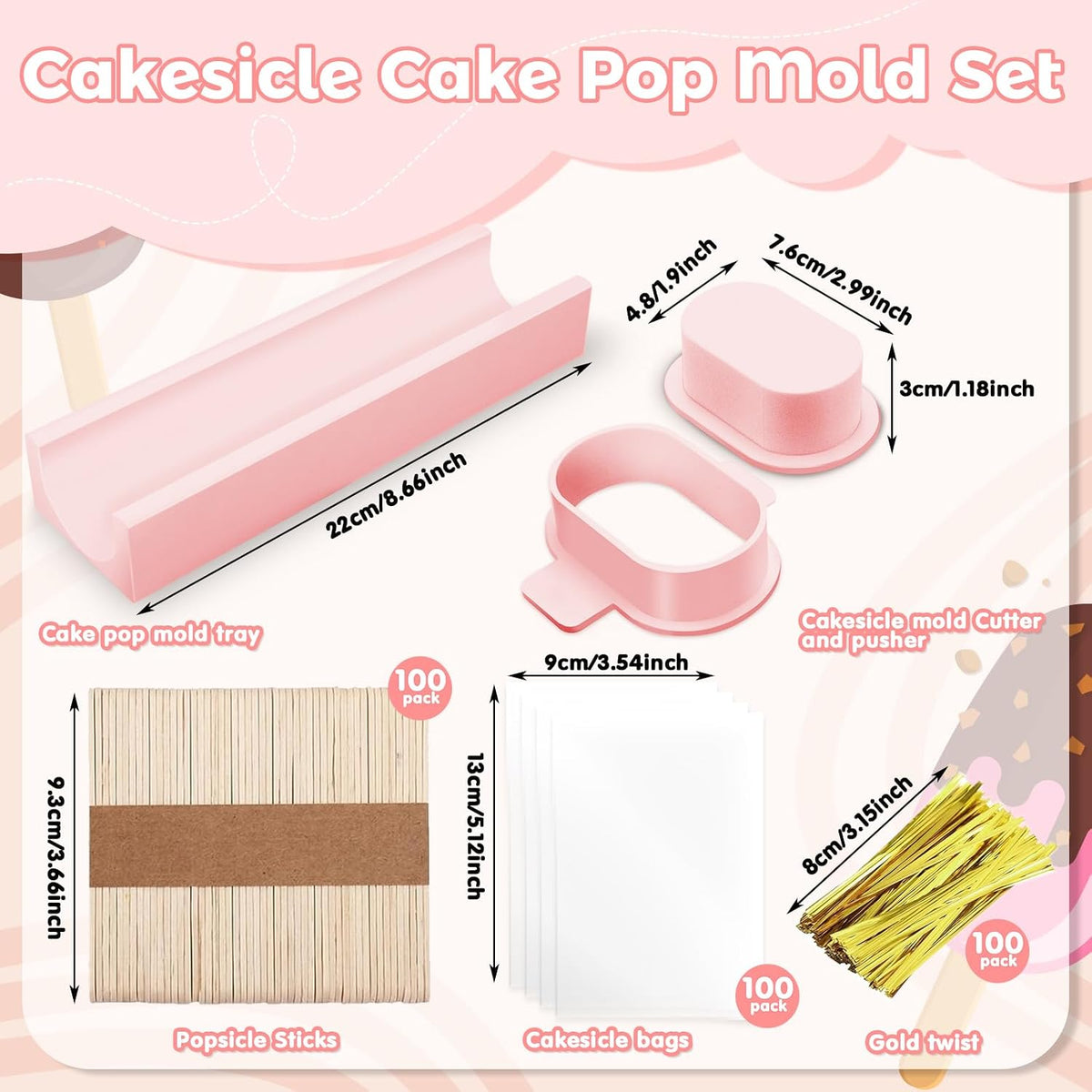3 Inch Cakesicle Cutter and Cake Pop Mold Set with 8.7in Tray, 100 Wooden Sticks & 100 Bags, Silicone Cakesicle Mold for Homemade Cake Pops, Baking, Birthdays and Party Desserts (Pink)