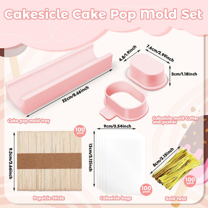 3 Inch Cakesicle Cutter and Cake Pop Mold Set with 8.7in Tray, 100 Wooden Sticks & 100 Bags, Silicone Cakesicle Mold for Homemade Cake Pops, Baking, Birthdays and Party Desserts (Pink)