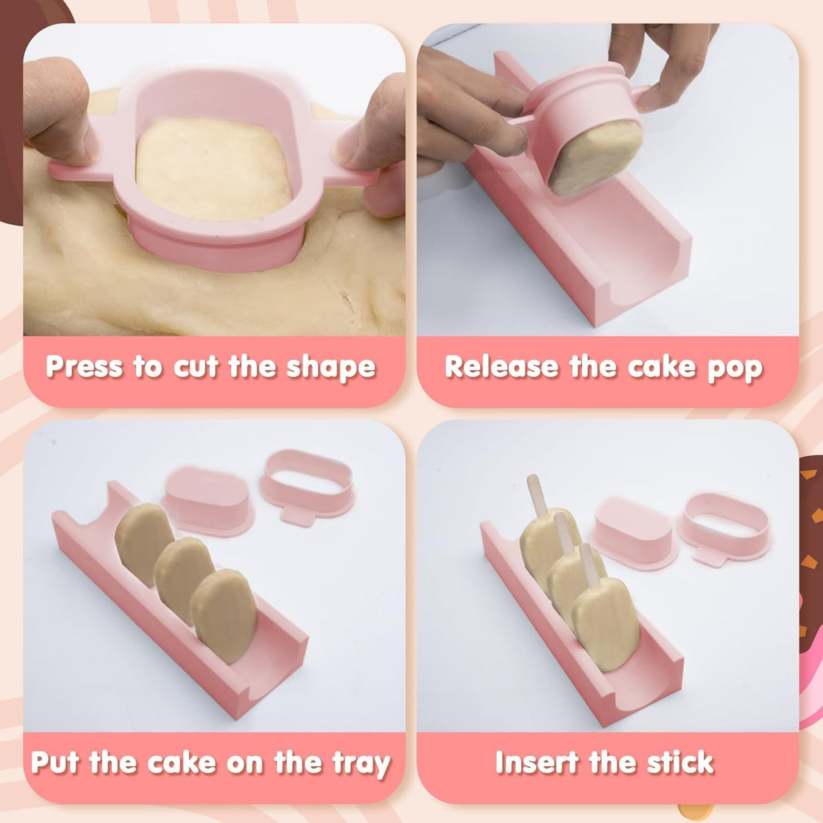 3 Inch Cakesicle Cutter and Cake Pop Mold Set with 8.7in Tray, 100 Wooden Sticks & 100 Bags, Silicone Cakesicle Mold for Homemade Cake Pops, Baking, Birthdays and Party Desserts (Pink)