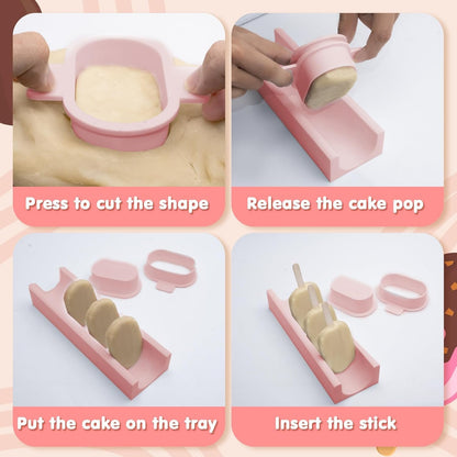 3 Inch Cakesicle Cutter and Cake Pop Mold Set with 8.7in Tray, 100 Wooden Sticks & 100 Bags, Silicone Cakesicle Mold for Homemade Cake Pops, Baking, Birthdays and Party Desserts (Pink)
