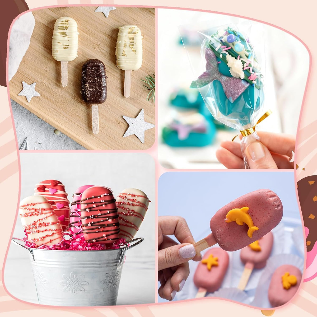 3 Inch Cakesicle Cutter and Cake Pop Mold Set with 8.7in Tray, 100 Wooden Sticks & 100 Bags, Silicone Cakesicle Mold for Homemade Cake Pops, Baking, Birthdays and Party Desserts (Pink)