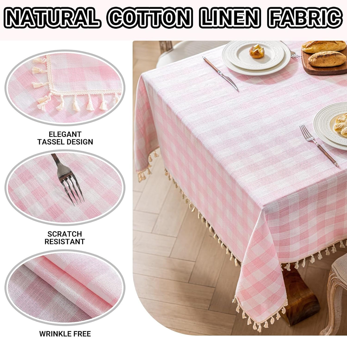 Checkered Tablecloth Rectangle Cotton Linen Gingham Table Cloth with Tassel Washable Wrinkle Free Heavy Duty Buffalo Plaid Table Cover for Dining/Party/Picnic (Pink, 55" x 70" (Rectangular))