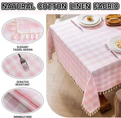 Checkered Tablecloth Rectangle Cotton Linen Gingham Table Cloth with Tassel Washable Wrinkle Free Heavy Duty Buffalo Plaid Table Cover for Dining/Party/Picnic (Pink, 55" x 70" (Rectangular))