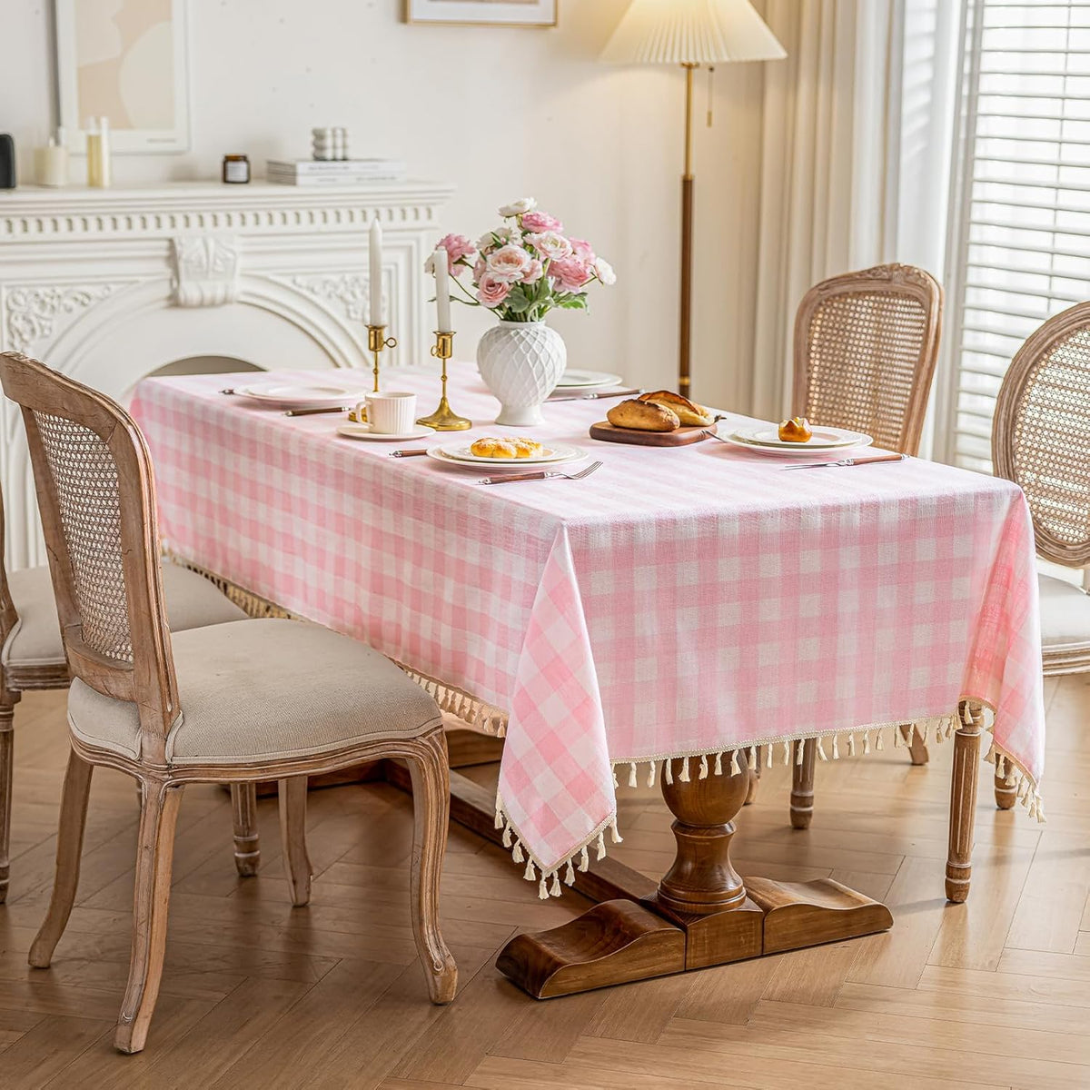 Checkered Tablecloth Rectangle Cotton Linen Gingham Table Cloth with Tassel Washable Wrinkle Free Heavy Duty Buffalo Plaid Table Cover for Dining/Party/Picnic (Pink, 55" x 70" (Rectangular))