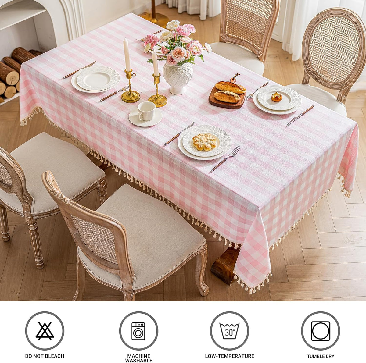 Checkered Tablecloth Rectangle Cotton Linen Gingham Table Cloth with Tassel Washable Wrinkle Free Heavy Duty Buffalo Plaid Table Cover for Dining/Party/Picnic (Pink, 55" x 70" (Rectangular))