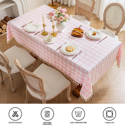 Checkered Tablecloth Rectangle Cotton Linen Gingham Table Cloth with Tassel Washable Wrinkle Free Heavy Duty Buffalo Plaid Table Cover for Dining/Party/Picnic (Pink, 55" x 70" (Rectangular))