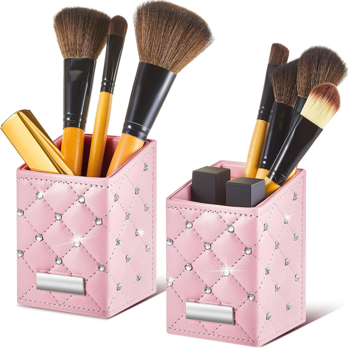 2 Pack Makeup Brush Holder, Pink Pen Pencil Holder, Desk Organizer Cups