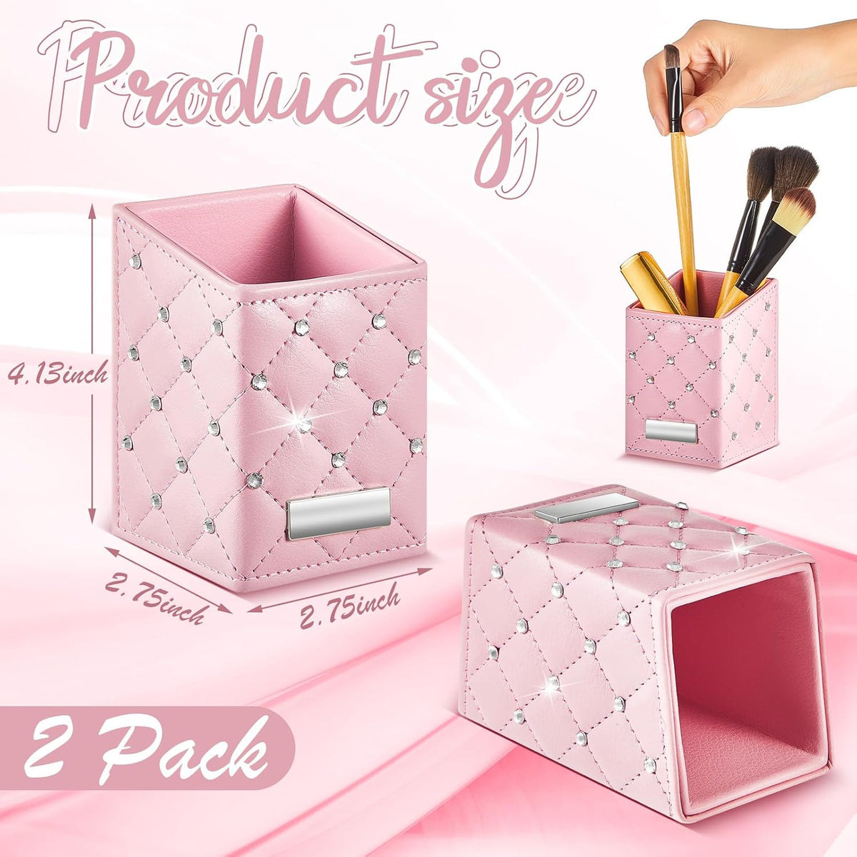 2 Pack Makeup Brush Holder, Pink Pen Pencil Holder, Desk Organizer Cups