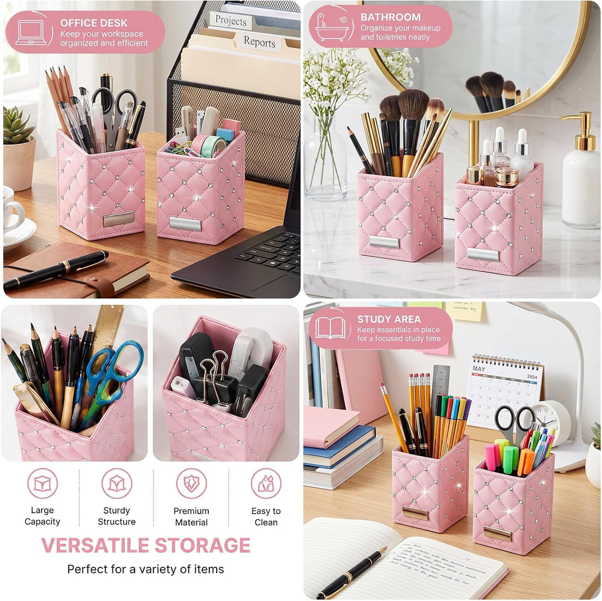 2 Pack Makeup Brush Holder, Pink Pen Pencil Holder, Desk Organizer Cups