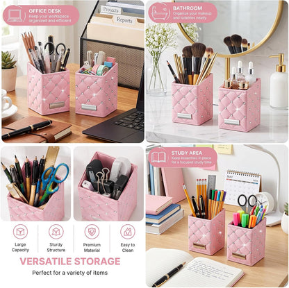 2 Pack Makeup Brush Holder, Pink Pen Pencil Holder, Desk Organizer Cups