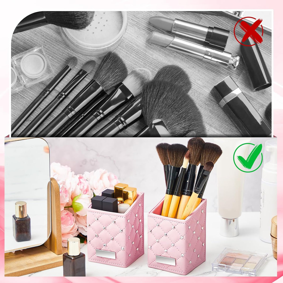 2 Pack Makeup Brush Holder, Pink Pen Pencil Holder, Desk Organizer Cups